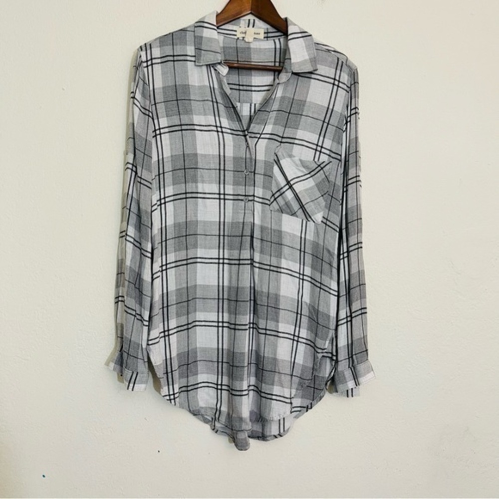Cloth & Stone Plaid Long Sleeve Top Women Size Small Color Gray/White